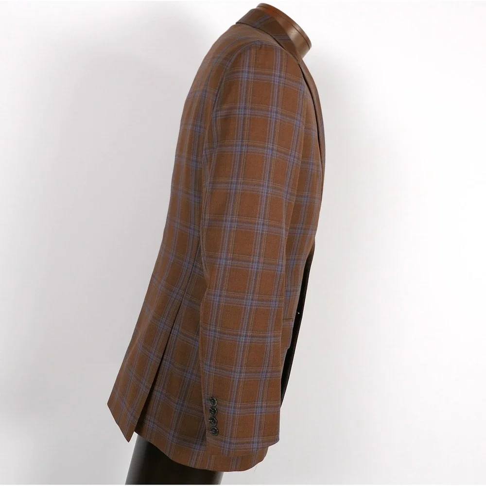 Joseph Abboud Mens 3 Piece Suit 38R Brown Blue Plaid Reda Super 130s Wool USA